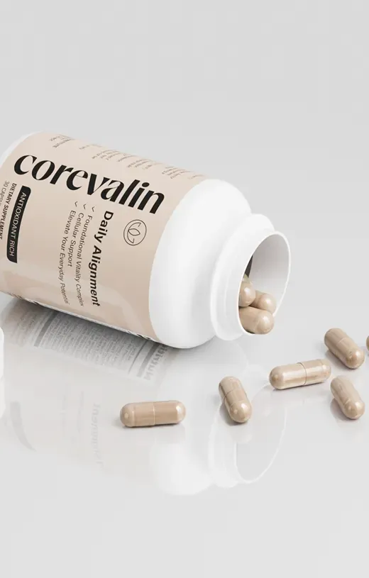Flacon Corevalin ouvert avec des capsules